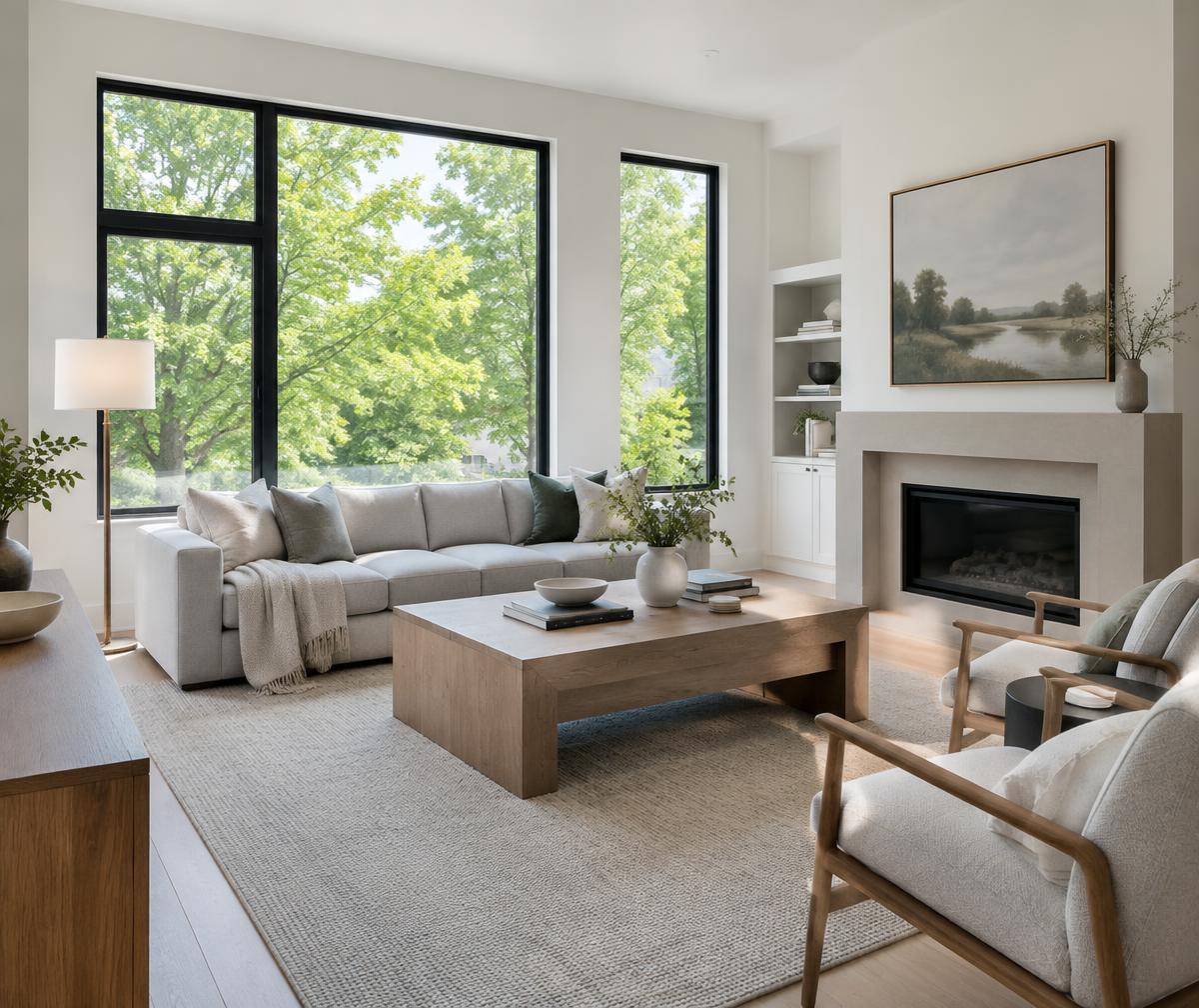 Illustrative sunlit living room overlooking mature trees